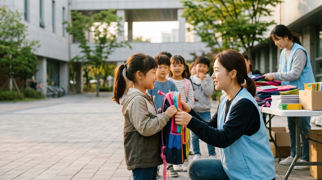 Foundation caregiver smiling tenderly at a young girl with her new school backpack